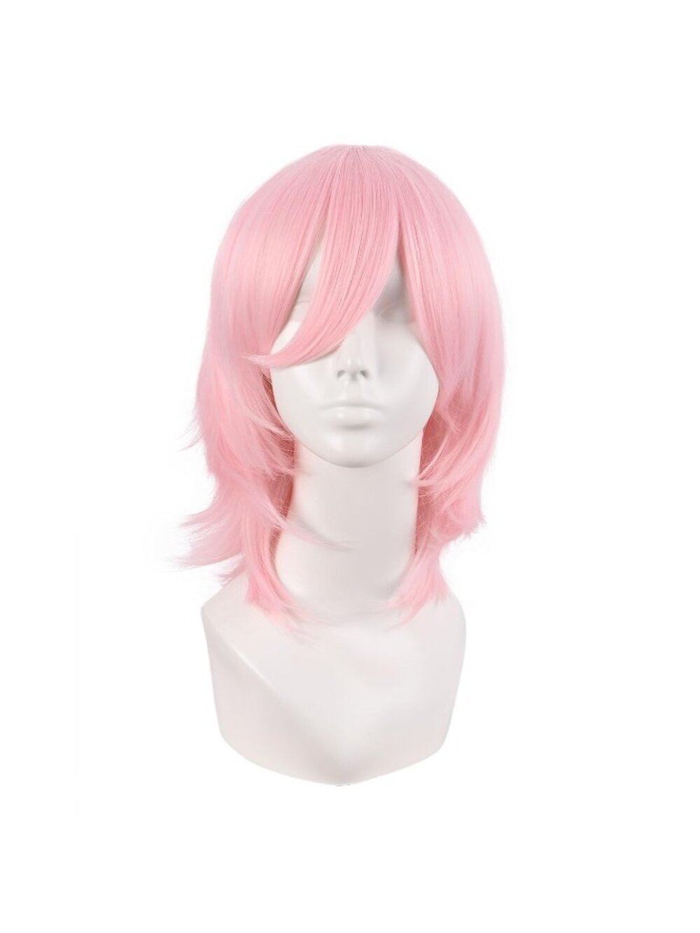 Women's Pink White 14 Inch Short Wolf Tail Side Synthetic Curly Wig Bangs